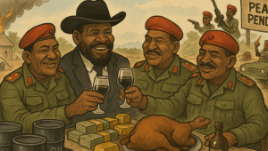 Image of government officials enjoying their loot while people suffer.
